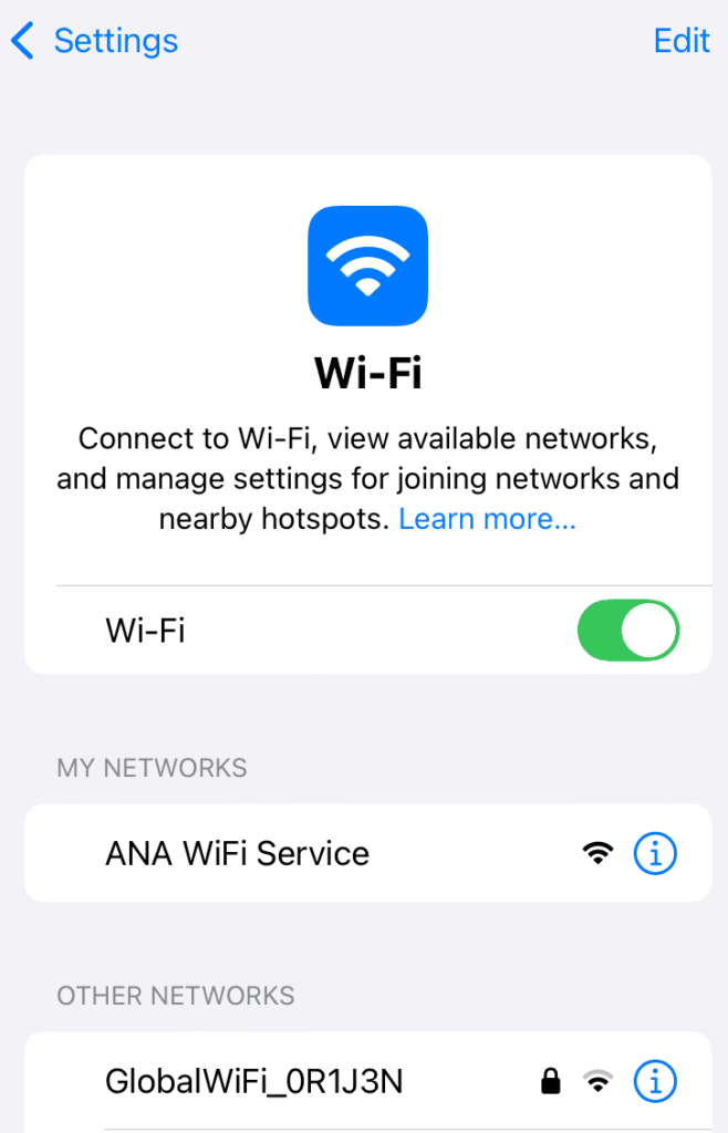ANA機内で繋がったANAのWif表示
