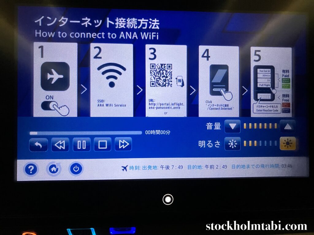 ANA機内でスクリーン表示されたインターネット接続方法