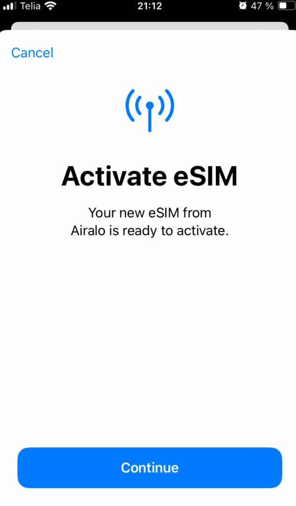 AiraloのeSIMを有効化している画面