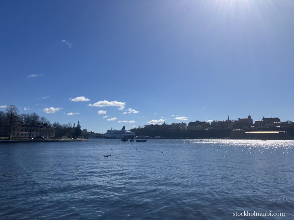 停泊するフェリーが見える海